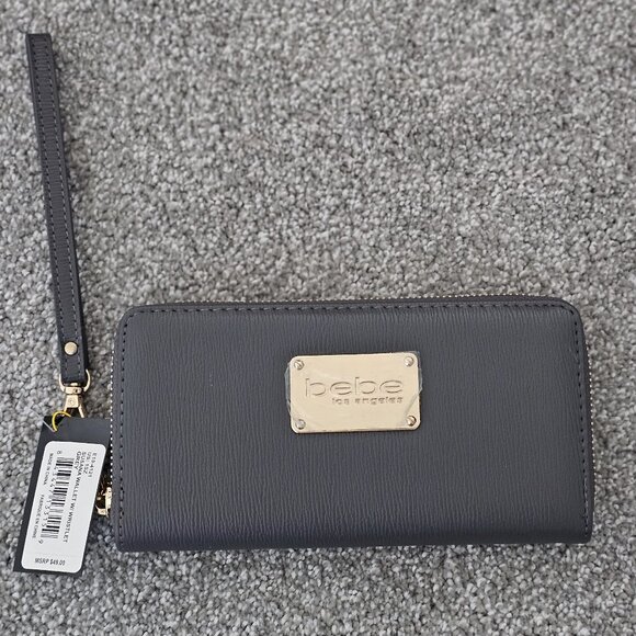 new ~ BEBE ~ susana ~ WALLET ~ w/WRISTLET ~ gray ~ ZIP AROUND - Picture 1 of 9